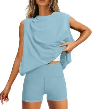 Womens 2 Piece Outfits Lounge Sets Sleeveless Tank Tops Biker Shorts Loose Fit Summer Sweatsuits Resort Wear Clothes