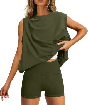 Womens 2 Piece Outfits Lounge Sets Sleeveless Tank Tops Biker Shorts Loose Fit Summer Sweatsuits Resort Wear Clothes