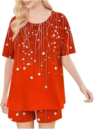 Women's 2 Piece Pajama Set Lounge Set 2025 Fashion Print Short Sleeve Tops And Shorts Soft Comfy Pjs Summer Sleepwear