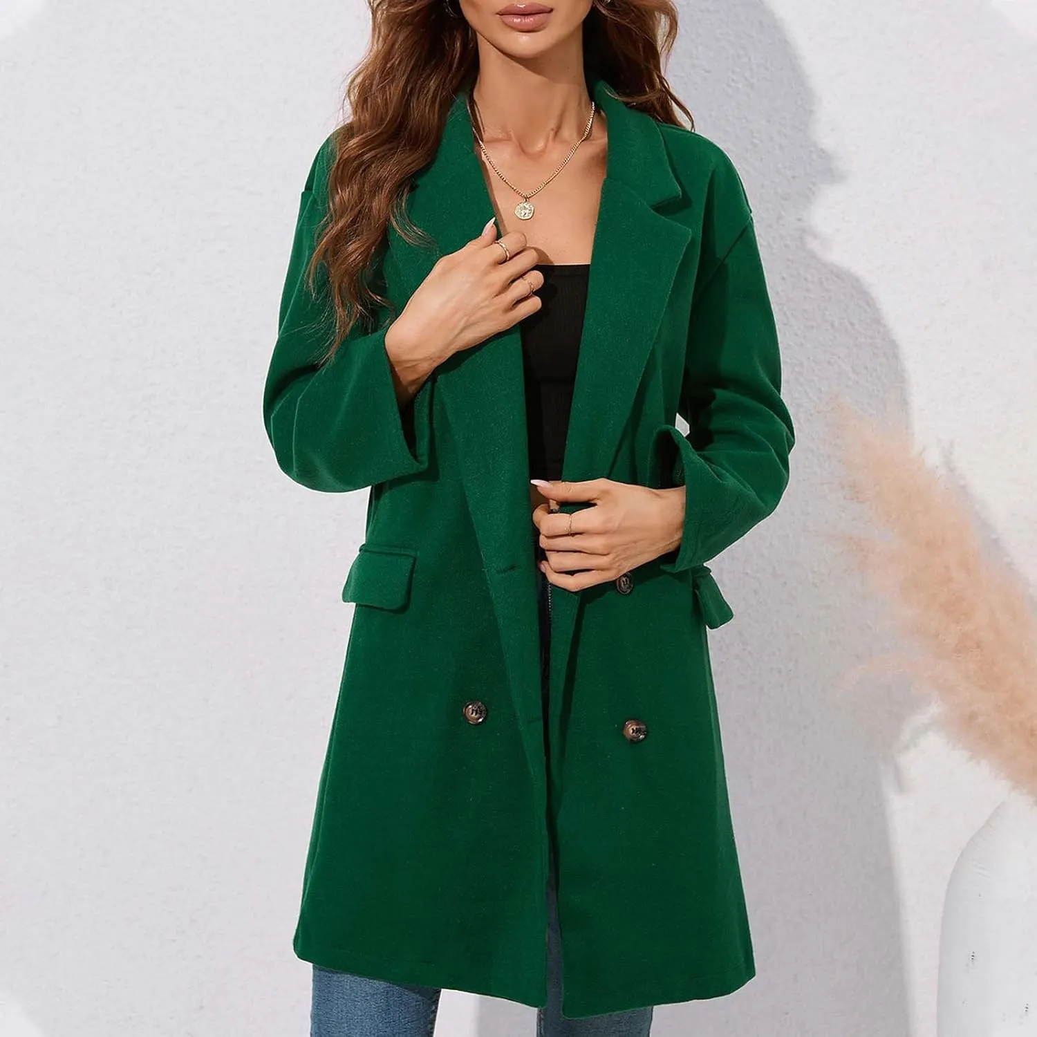 Women's 2023 Plaid Shacket Jacket Casual Wool Blend Winter Trench Coat Notch Lapel Double Breasted Peacoat Cardigan
