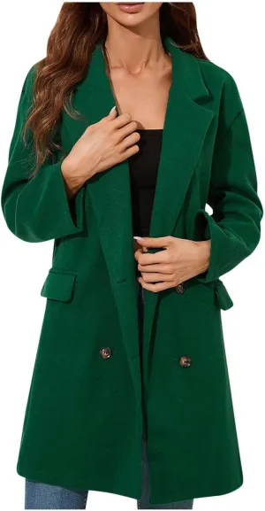 Women's 2023 Plaid Shacket Jacket Casual Wool Blend Winter Trench Coat Notch Lapel Double Breasted Peacoat Cardigan