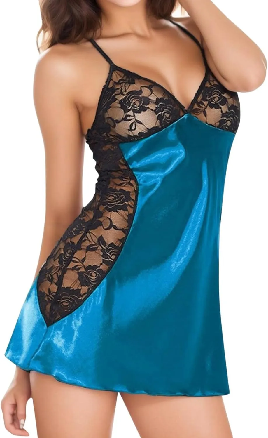 Women's Babydoll Sexy Lingerie Set Lace V Neck Chemise Nightie Color Block Satin Flattering Nightwear for Sex Play