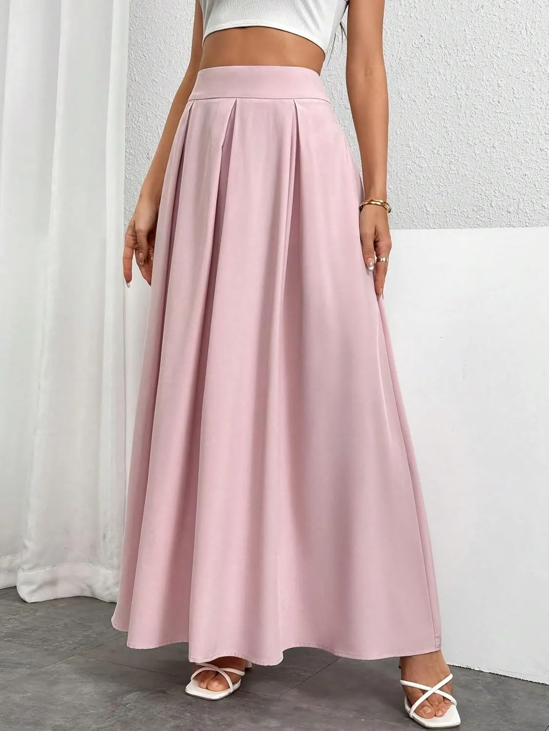 Women's Basic High Waist Casual Women's Loose Flared High-Waist Long A-Line Maxi Skirt Casual Skirts