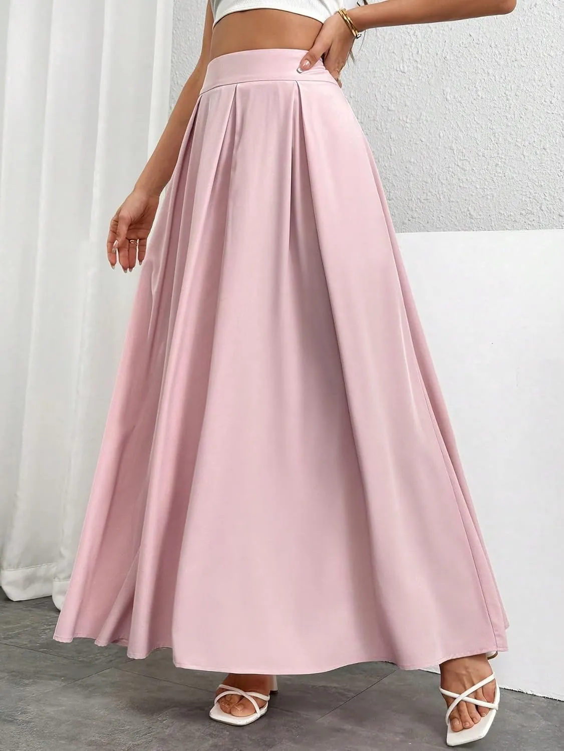 Women's Basic High Waist Casual Women's Loose Flared High-Waist Long A-Line Maxi Skirt Casual Skirts
