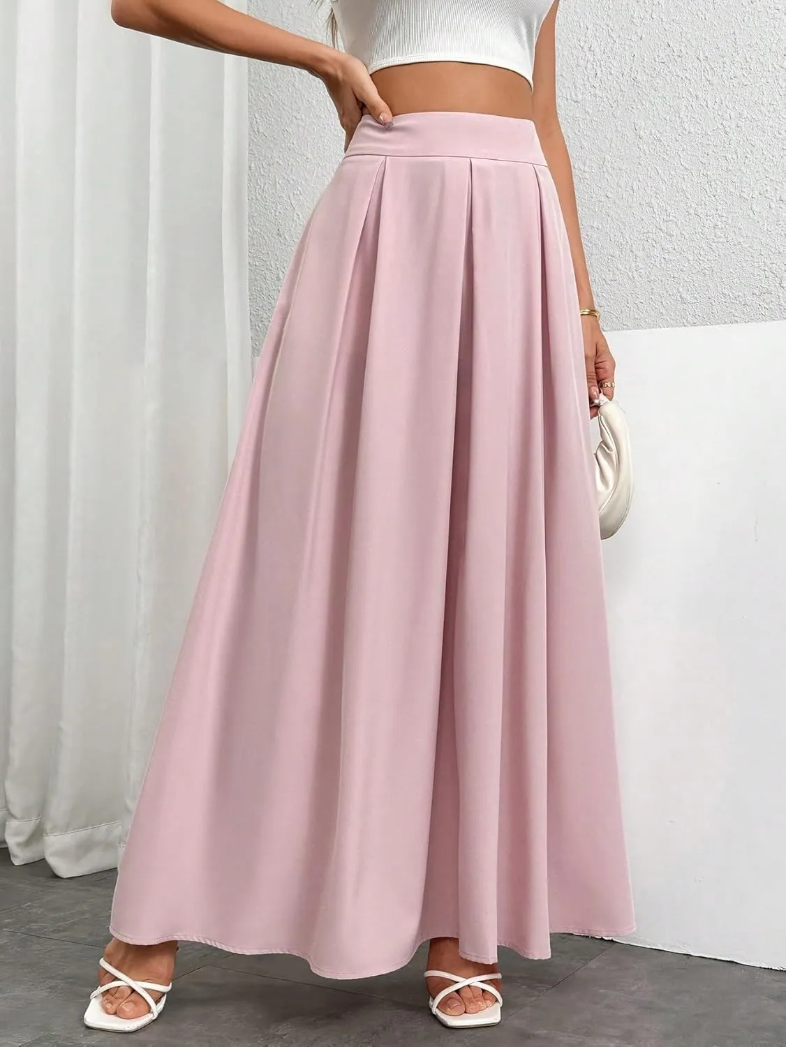 Women's Basic High Waist Casual Women's Loose Flared High-Waist Long A-Line Maxi Skirt Casual Skirts