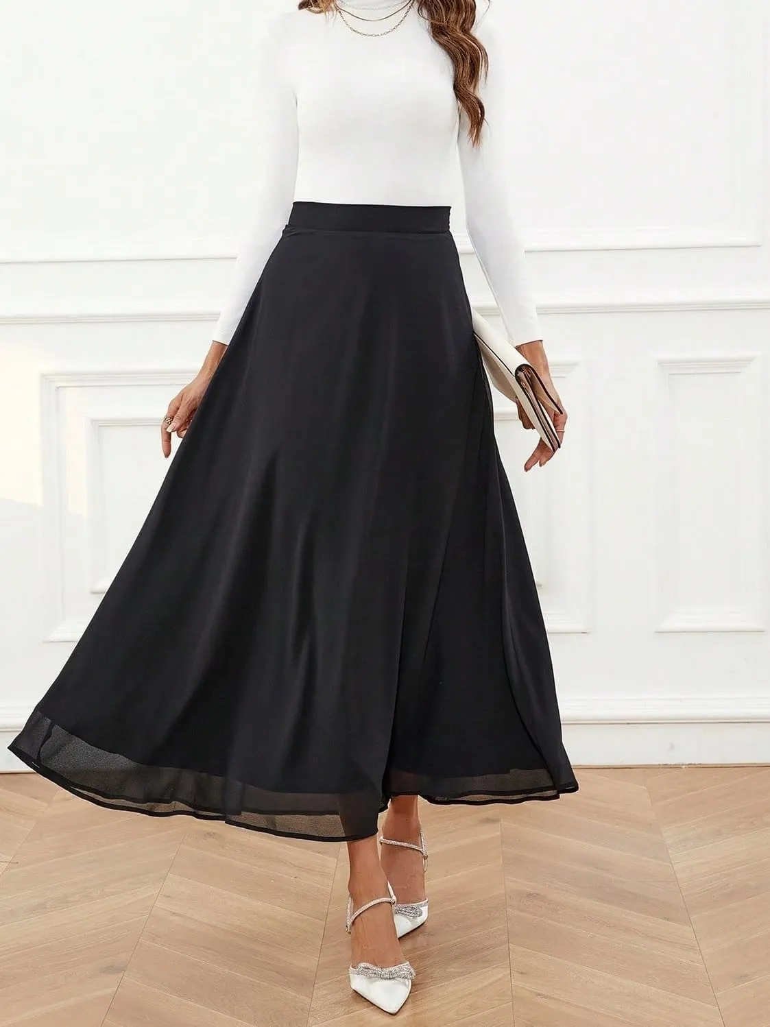 Women's Basic Solid High Waist A-line Long Skirt Contrast Mesh Elegant High Waist Casual Skirts