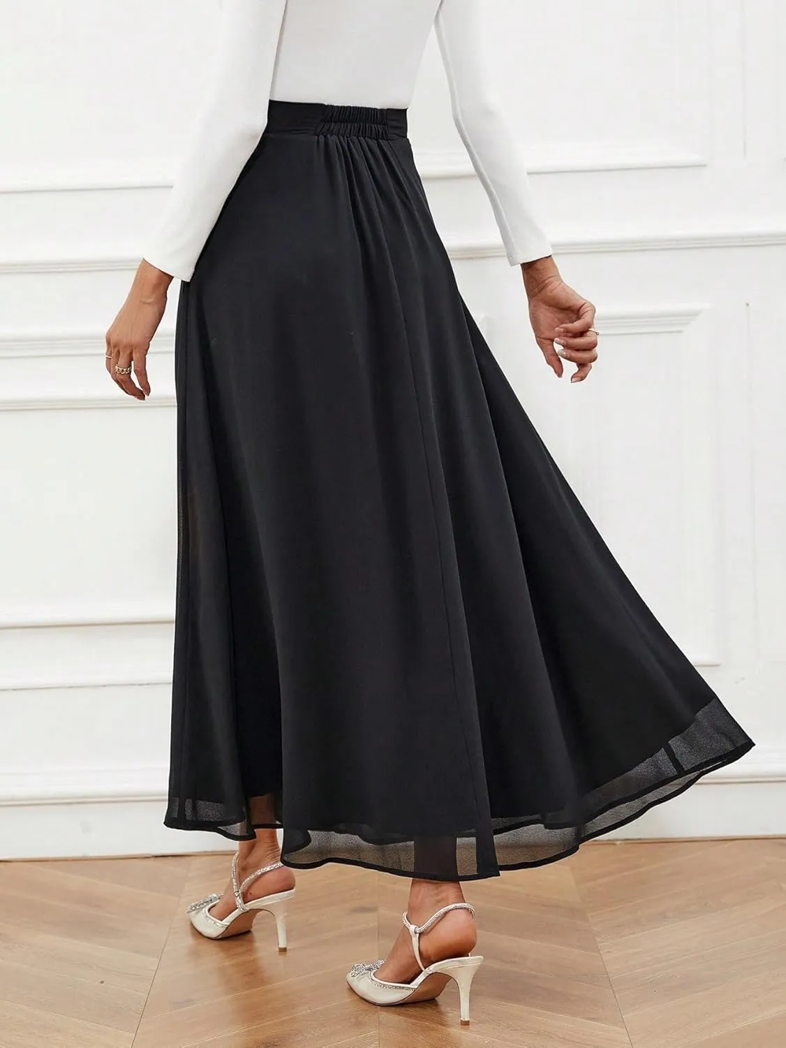 Women's Basic Solid High Waist A-line Long Skirt Contrast Mesh Elegant High Waist Casual Skirts