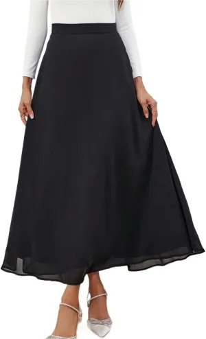 Women's Basic Solid High Waist A-line Long Skirt Contrast Mesh Elegant High Waist Casual Skirts