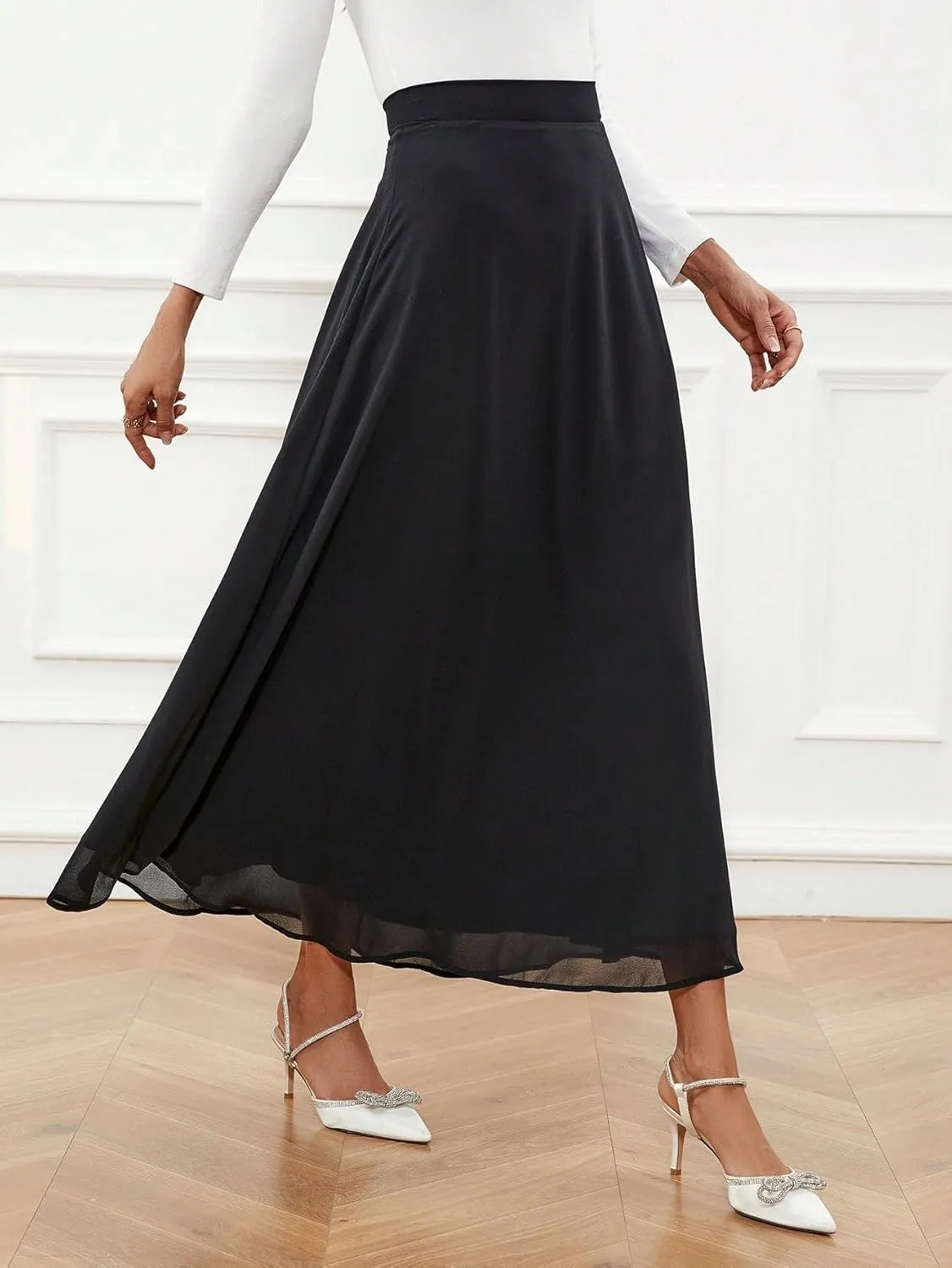 Women's Basic Solid High Waist A-line Long Skirt Contrast Mesh Elegant High Waist Casual Skirts