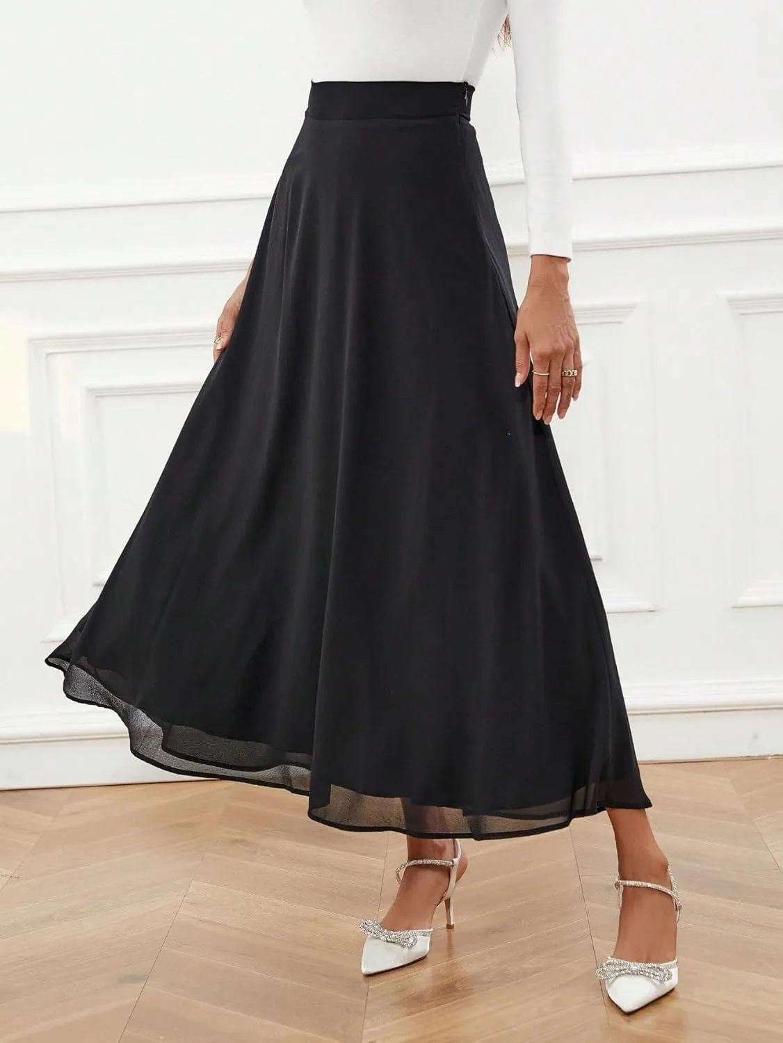 Women's Basic Solid High Waist A-line Long Skirt Contrast Mesh Elegant High Waist Casual Skirts