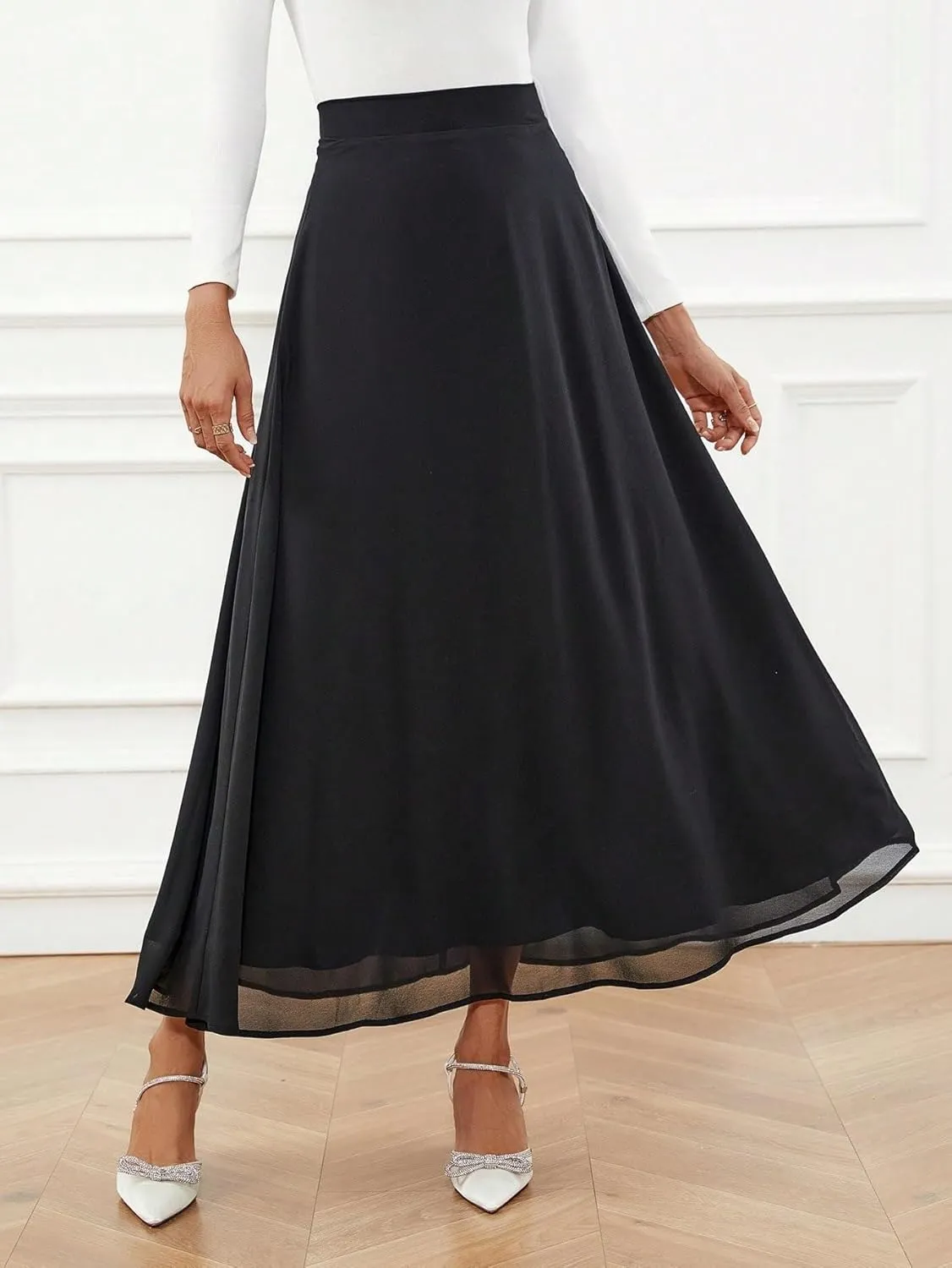 Women's Basic Solid High Waist A-line Long Skirt Contrast Mesh Elegant High Waist Casual Skirts