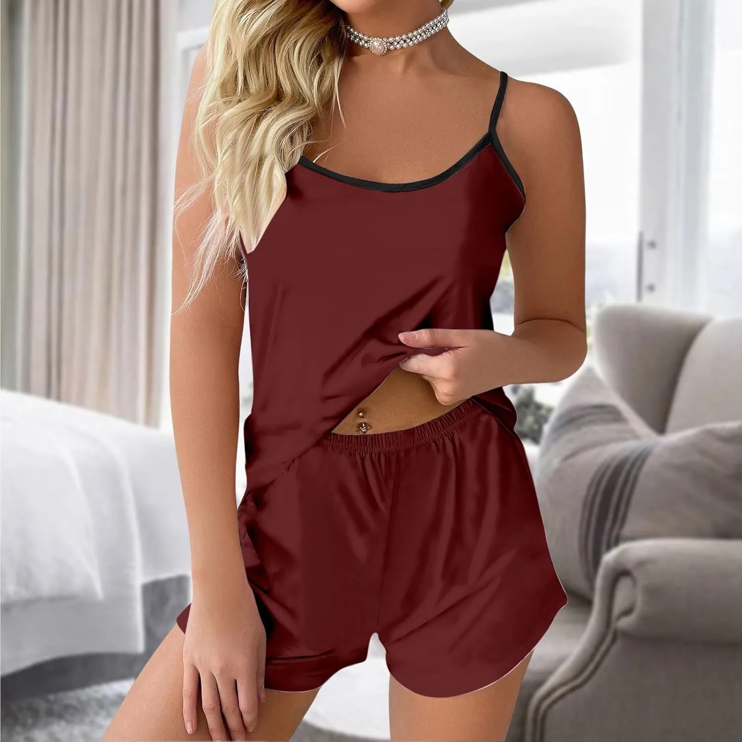Womens Cami Pajama Sets 2 Piece Cute Cami Tops Shorts Sleepwear Lounge Camisoles Pj Set Ladies Comfy Loungewear