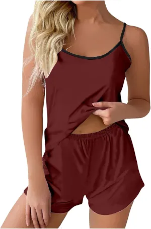 Womens Cami Pajama Sets 2 Piece Cute Cami Tops Shorts Sleepwear Lounge Camisoles Pj Set Ladies Comfy Loungewear