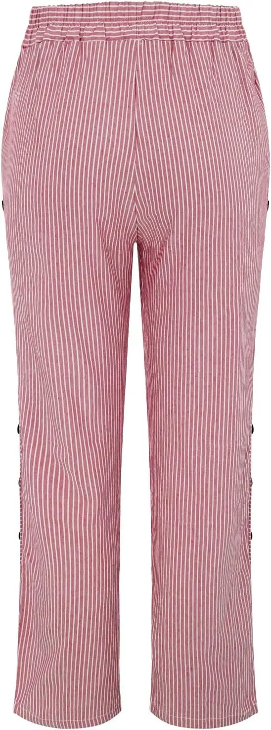 Womens Casual Linen High Waist Pants Elastic Waist Trouser Wide Leg High Waist Adjustable Knot Loose Casual Trousers