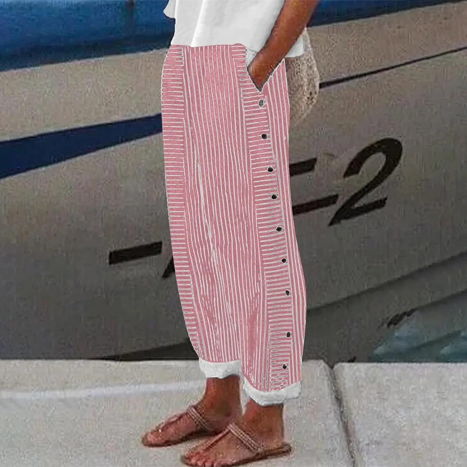 Womens Casual Linen High Waist Pants Elastic Waist Trouser Wide Leg High Waist Adjustable Knot Loose Casual Trousers