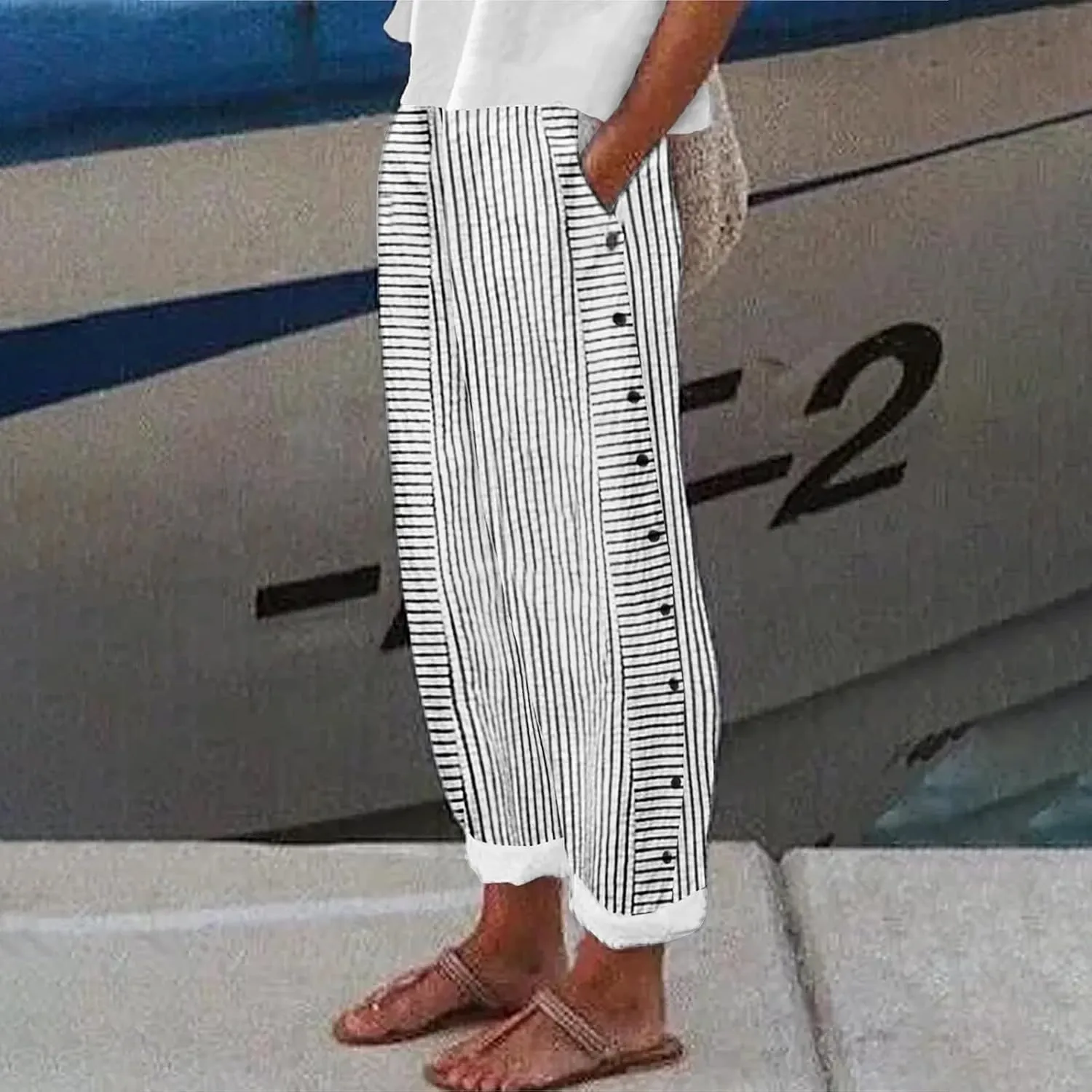 Womens Casual Linen High Waist Pants Elastic Waist Trouser Wide Leg High Waist Adjustable Knot Loose Casual Trousers