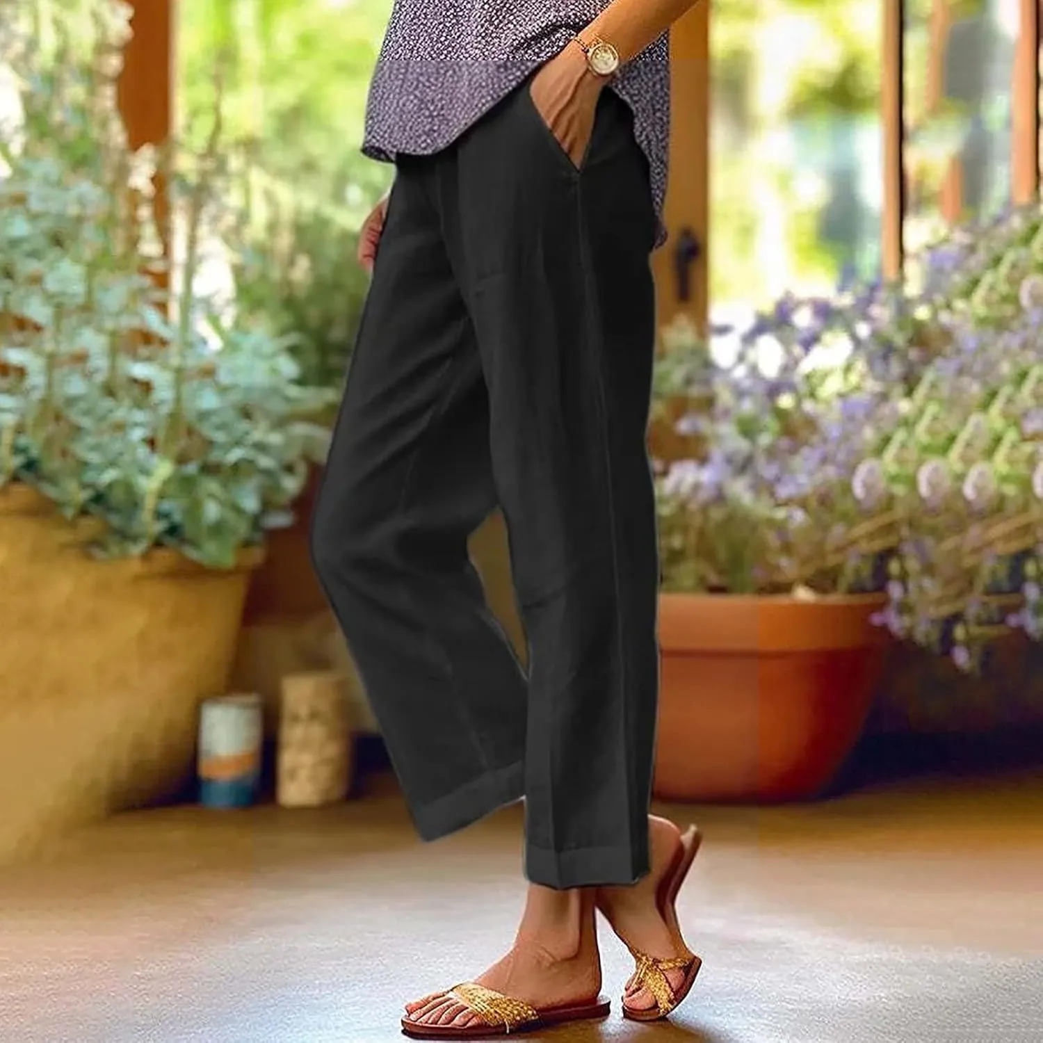 Womens Casual Linen High Waist Pants Elastic Waist Trouser Wide Leg High Waist Adjustable Knot Loose Casual Trousers