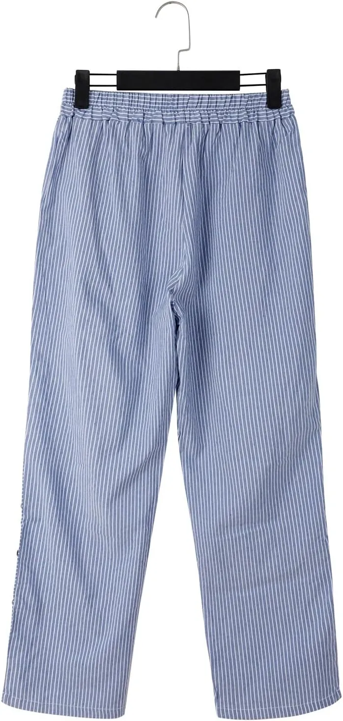 Womens Casual Linen High Waist Pants Elastic Waist Trouser Wide Leg High Waist Adjustable Knot Loose Casual Trousers