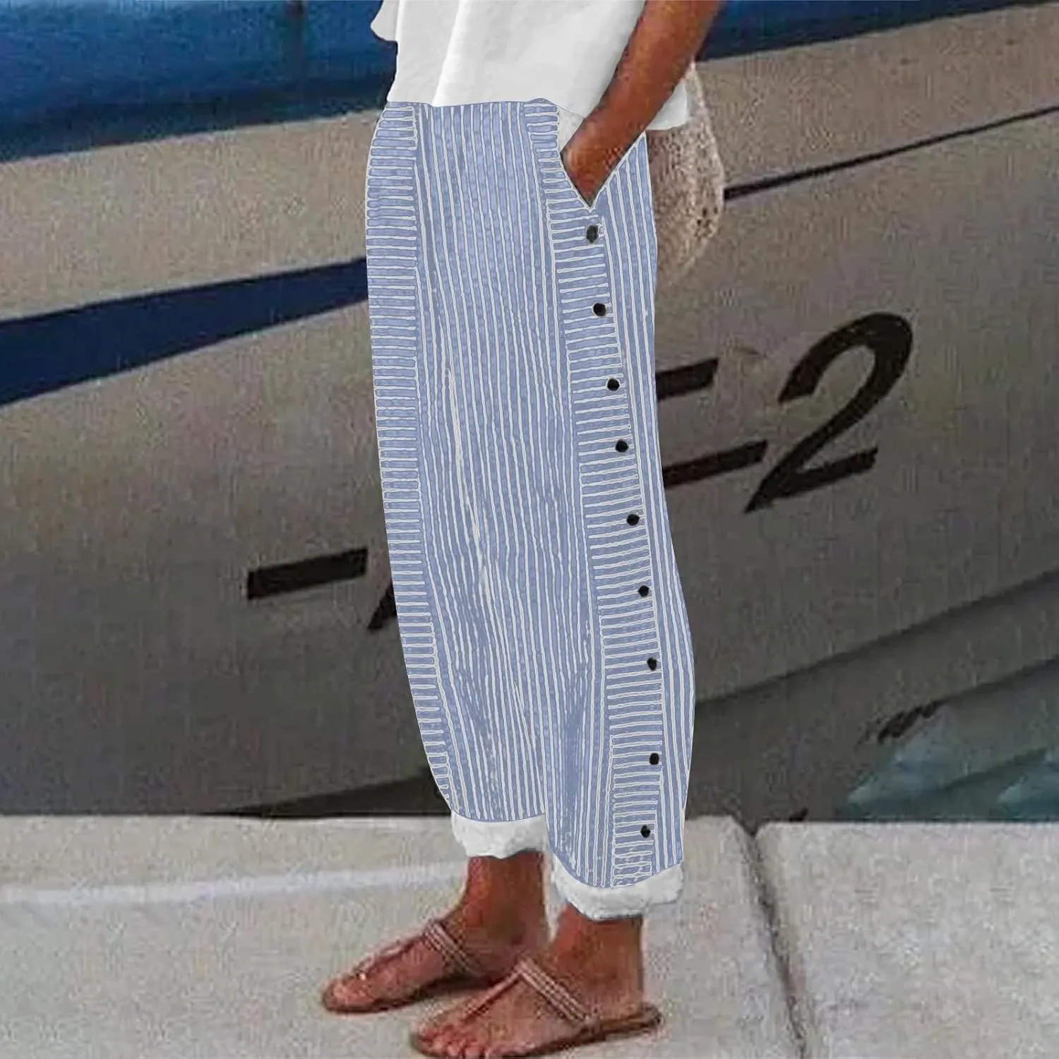 Womens Casual Linen High Waist Pants Elastic Waist Trouser Wide Leg High Waist Adjustable Knot Loose Casual Trousers