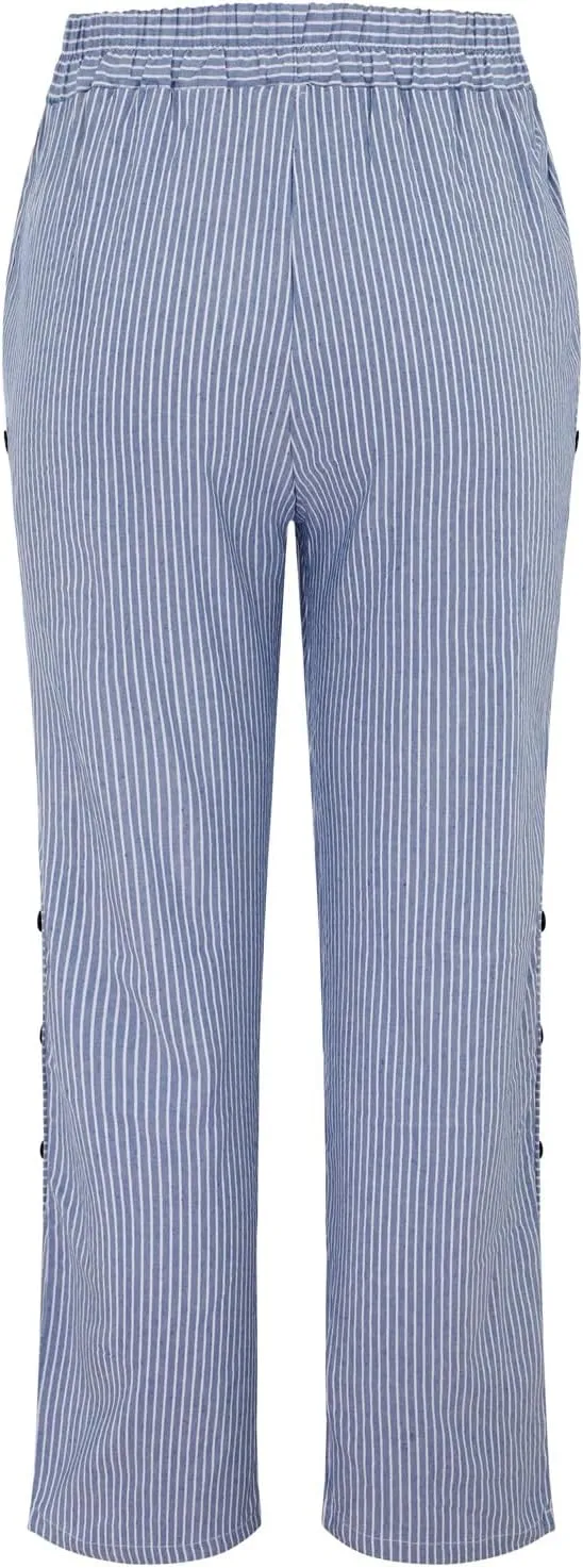 Womens Casual Linen High Waist Pants Elastic Waist Trouser Wide Leg High Waist Adjustable Knot Loose Casual Trousers