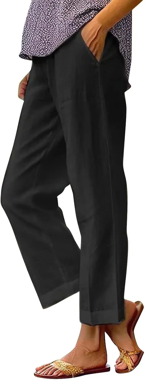 Womens Casual Linen High Waist Pants Elastic Waist Trouser Wide Leg High Waist Adjustable Knot Loose Casual Trousers
