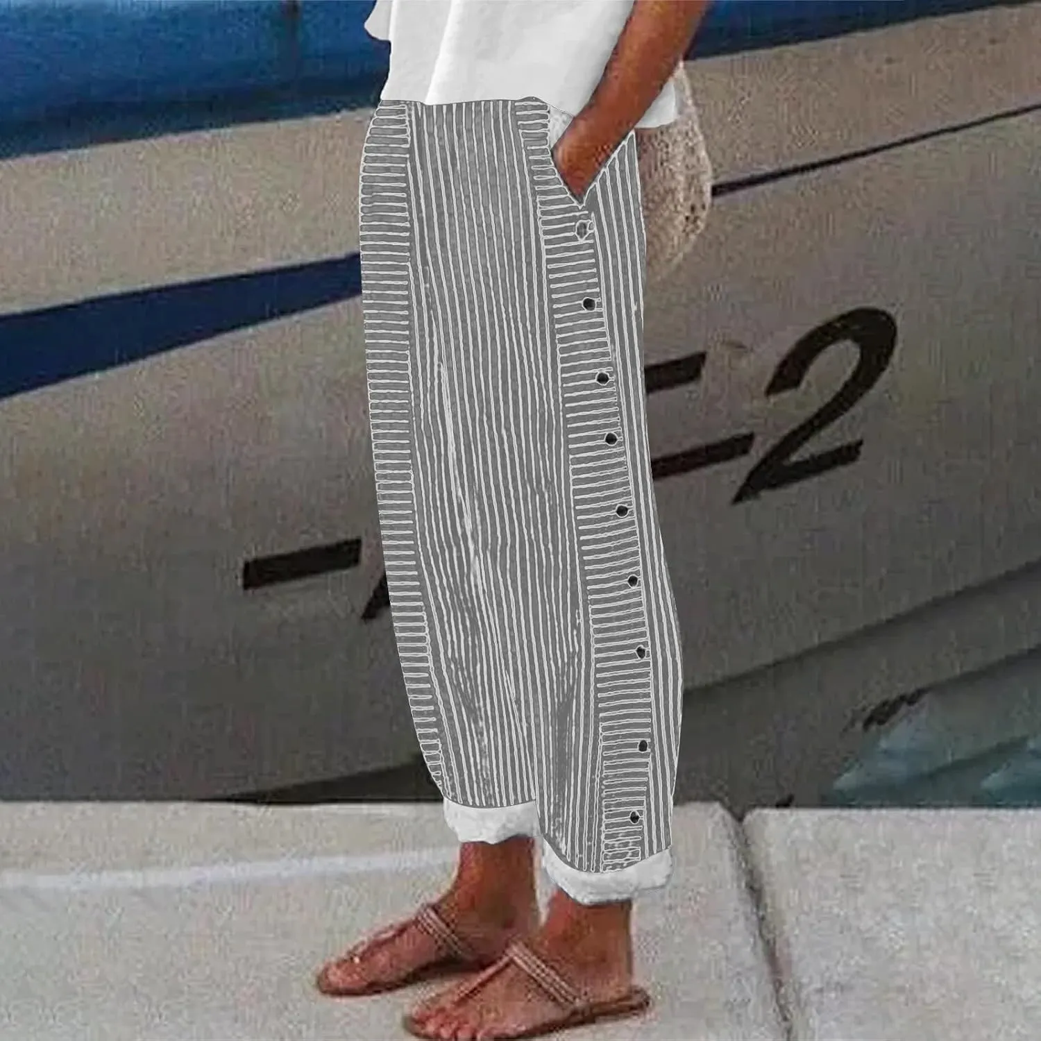 Womens Casual Linen High Waist Pants Elastic Waist Trouser Wide Leg High Waist Adjustable Knot Loose Casual Trousers