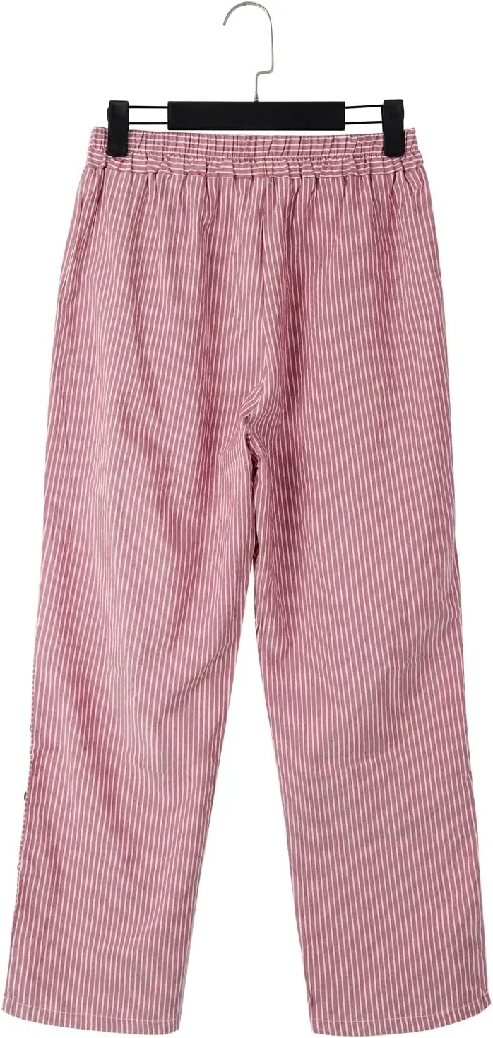 Womens Casual Linen High Waist Pants Elastic Waist Trouser Wide Leg High Waist Adjustable Knot Loose Casual Trousers