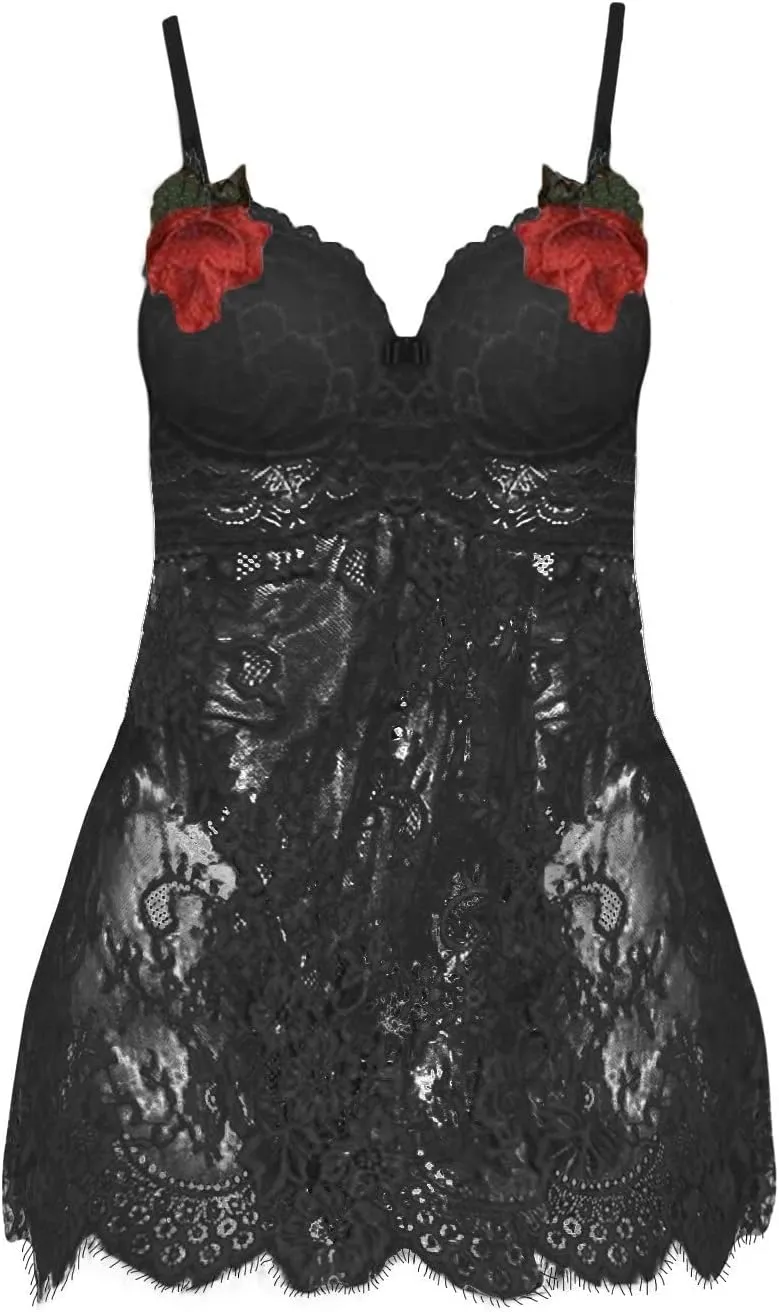 Women's Chemise Lingerie Set for Women Embroidered Lace Babydoll Nightie Color Block Mesh Sexy Dress Sheer Slip Dress