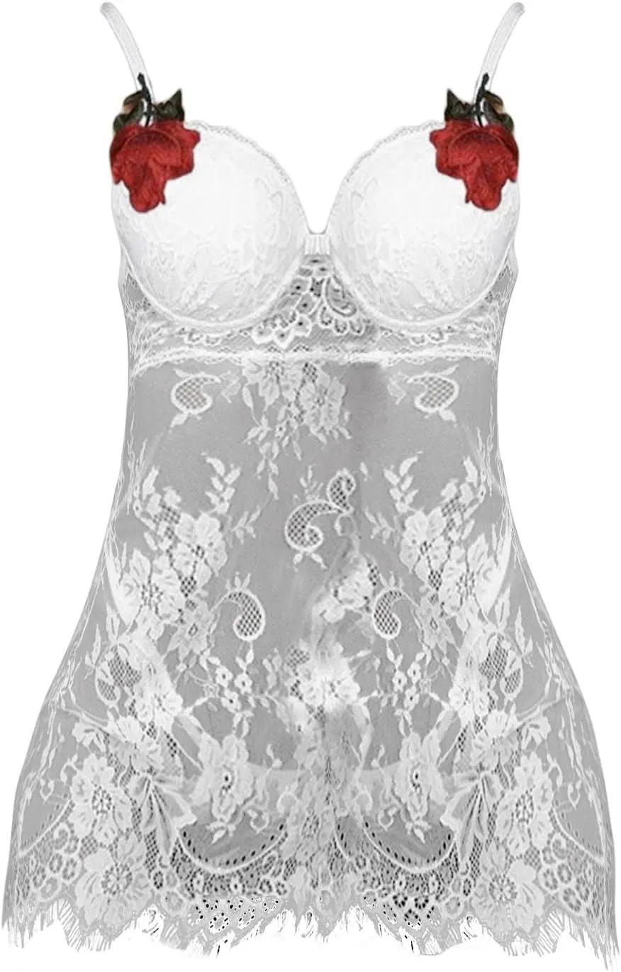 Womens Chemise Lingerie Sets for Women Embroidered Lace Babydoll Nightie Color Block Mesh for Sex Play Nightgown Sexy