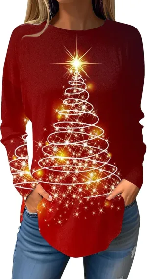 Womens Clothes Long Sleeve Christmas Print Pullover Tops Crewneck Casual Loose Outfits Classic Winter T Shirt