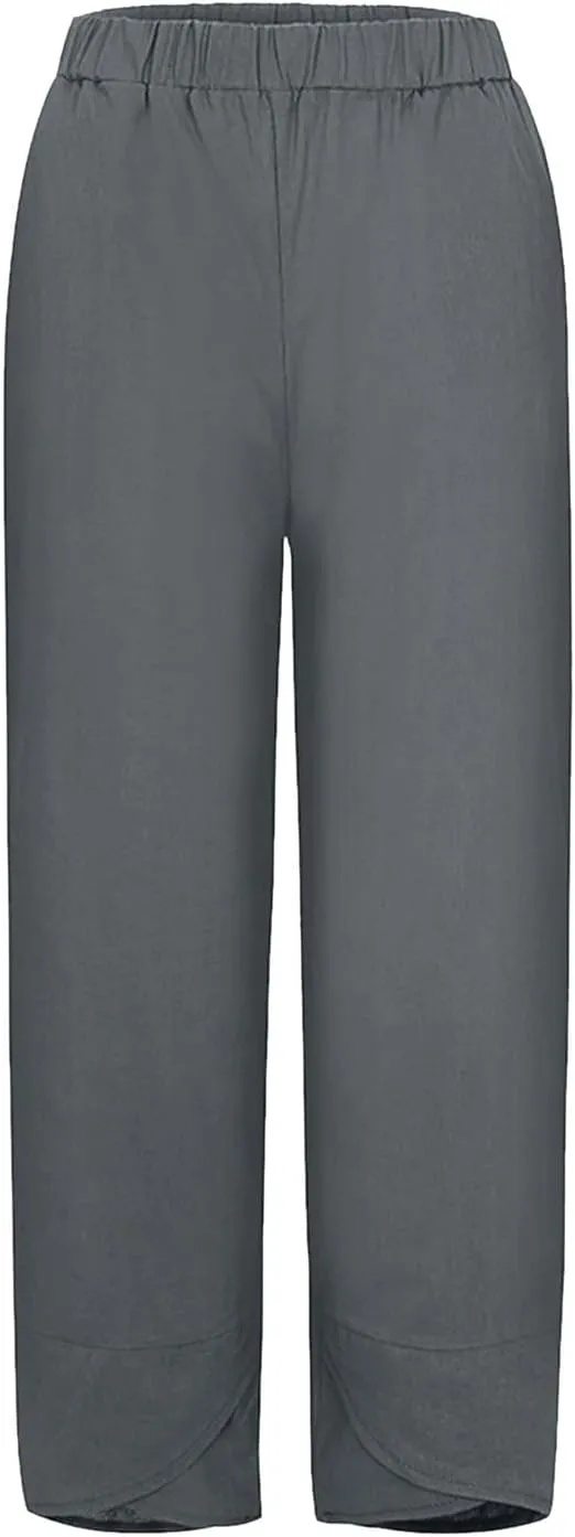 Womens Cotton Linen Casual Pants Loose Fit Wide Leg Asymmetrical Hem Solid Elastic Waist Summer Yoga Loungewear