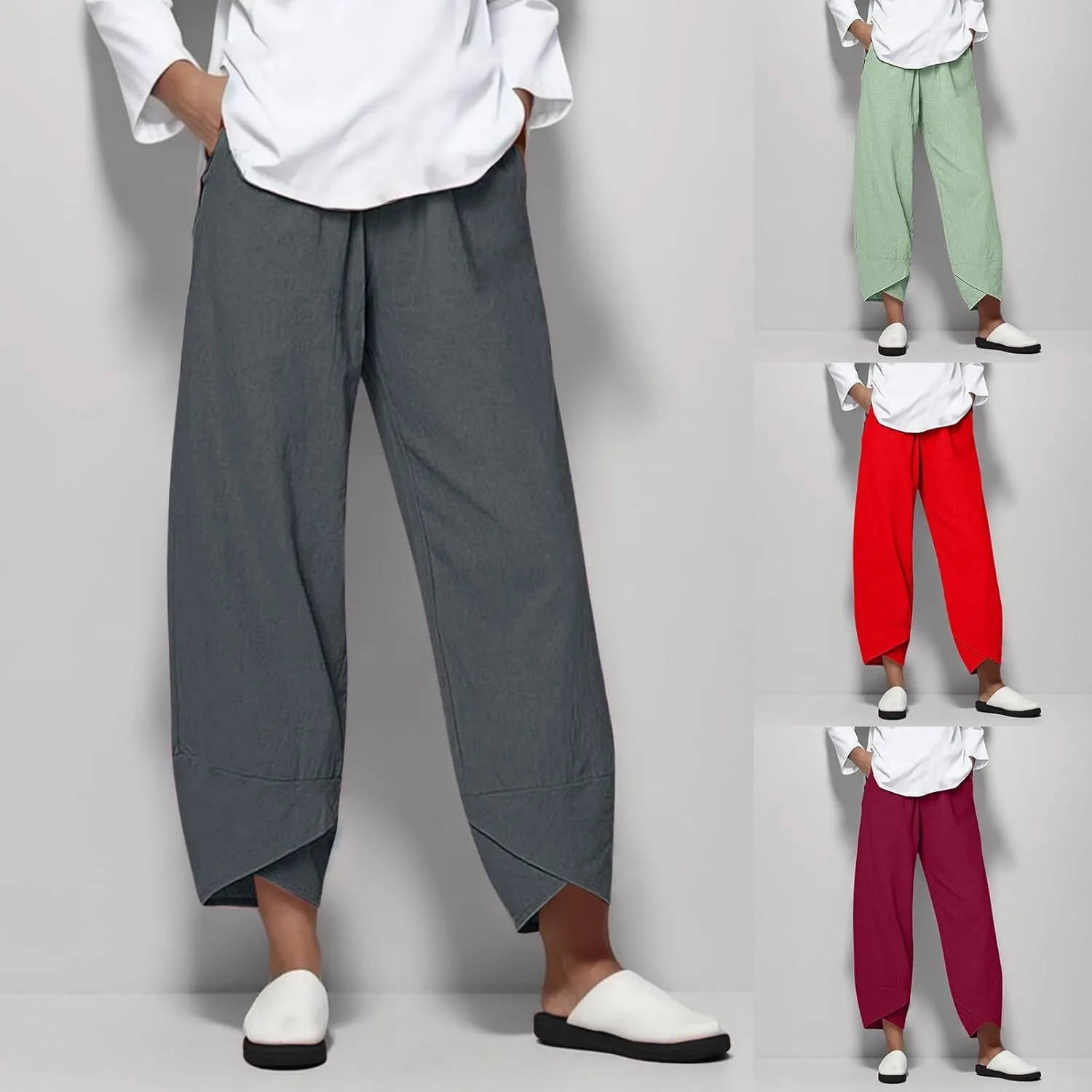Womens Cotton Linen Casual Pants Loose Fit Wide Leg Asymmetrical Hem Solid Elastic Waist Summer Yoga Loungewear