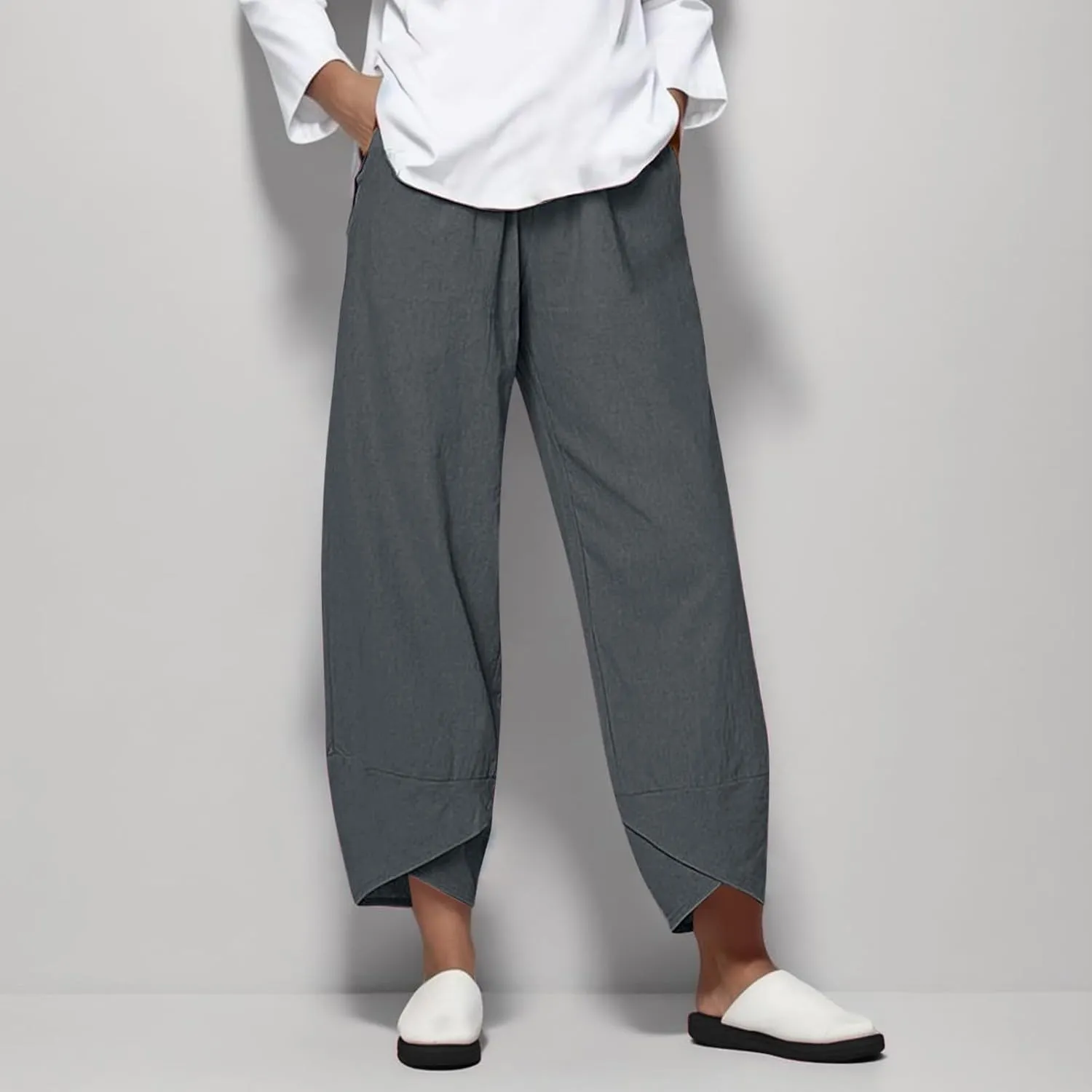 Womens Cotton Linen Casual Pants Loose Fit Wide Leg Asymmetrical Hem Solid Elastic Waist Summer Yoga Loungewear