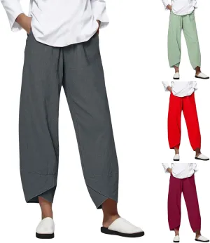 Womens Cotton Linen Casual Pants Loose Fit Wide Leg Asymmetrical Hem Solid Elastic Waist Summer Yoga Loungewear