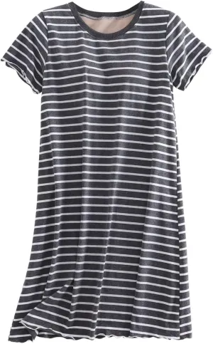 Women's Cotton Striped Nightgown Soft Sleep Dress Summer Short Sleeve Loose Comfy Sleepwear with Built in Shelf Bra