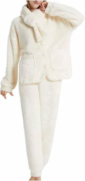 Womens Cute Fleece Pajama Set with Scarf Neck Warmer Soft Warm Button Down Pjs Fluffy Sleepwear Plush Lounge 2 Piece