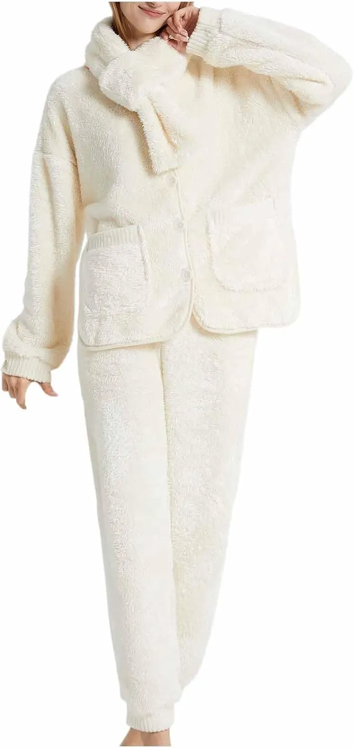 Womens Cute Fleece Pajama Set with Scarf Neck Warmer Soft Warm Button Down Pjs Fluffy Sleepwear Plush Lounge 2 Piece