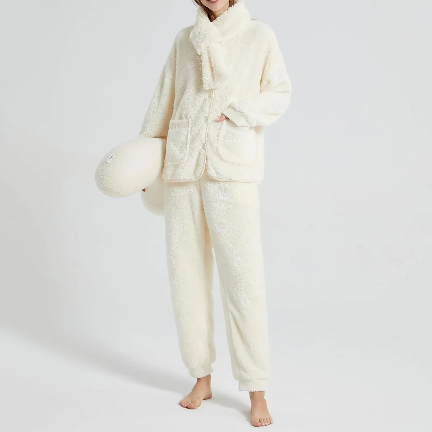 Womens Cute Fleece Pajama Set with Scarf Neck Warmer Soft Warm Button Down Pjs Fluffy Sleepwear Plush Lounge 2 Piece