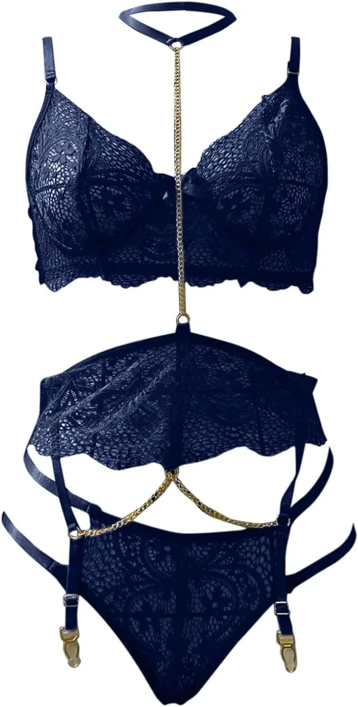 Women's Exotic Lingerie Sets Sexy Lace Halter Bralette High Waist Panty Set