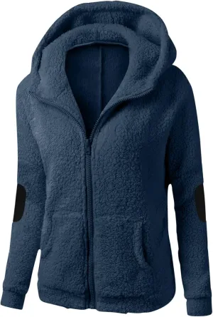 Womens Fleece Hoodie Jacket Fall Winter Wool Zip Warm Parka Jacket Coats Ladies Fluffy Slim Fit Hooded Outwear Coats
