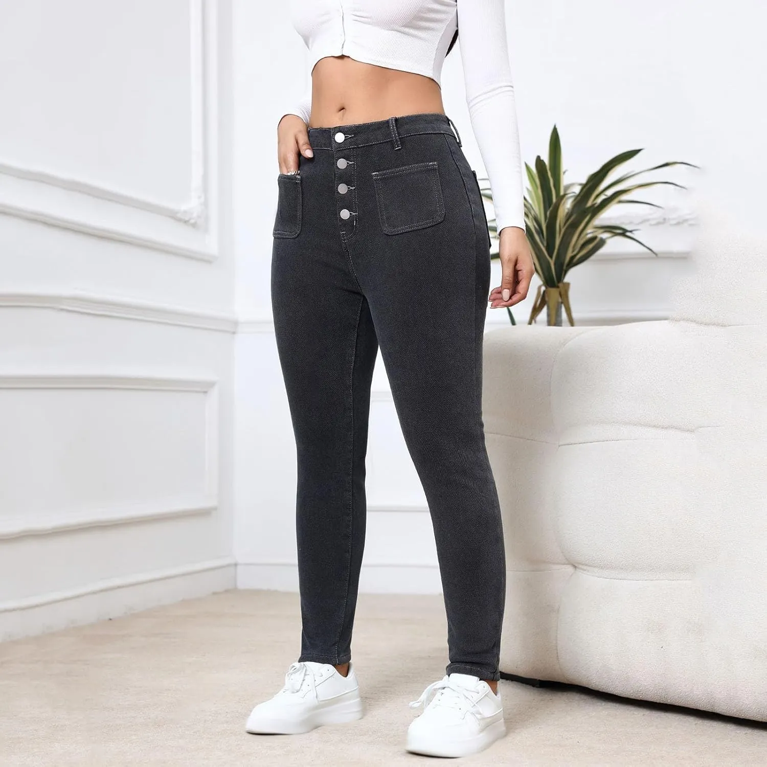 Womens Fleece Lined Jeans High Waisted Thermal Leggings Warm Skinny Denim Pants Stretch Jean Leggings Winter Pants