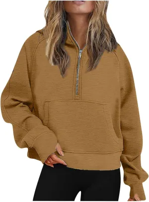 Womens Fleece Lined Oversized Sweatshirts Half Zip Cropped Hoodies Pullover Long Sleeve Crop Tops Sweater with Pocket