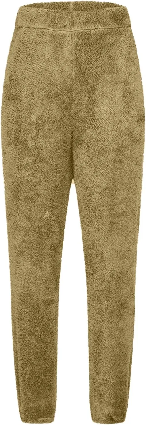 Women's Fuzzy Fleece Pants Comfy Warm Sherpa Winter Pajamas High Waisted Elastic Casual Loose Fit Pants
