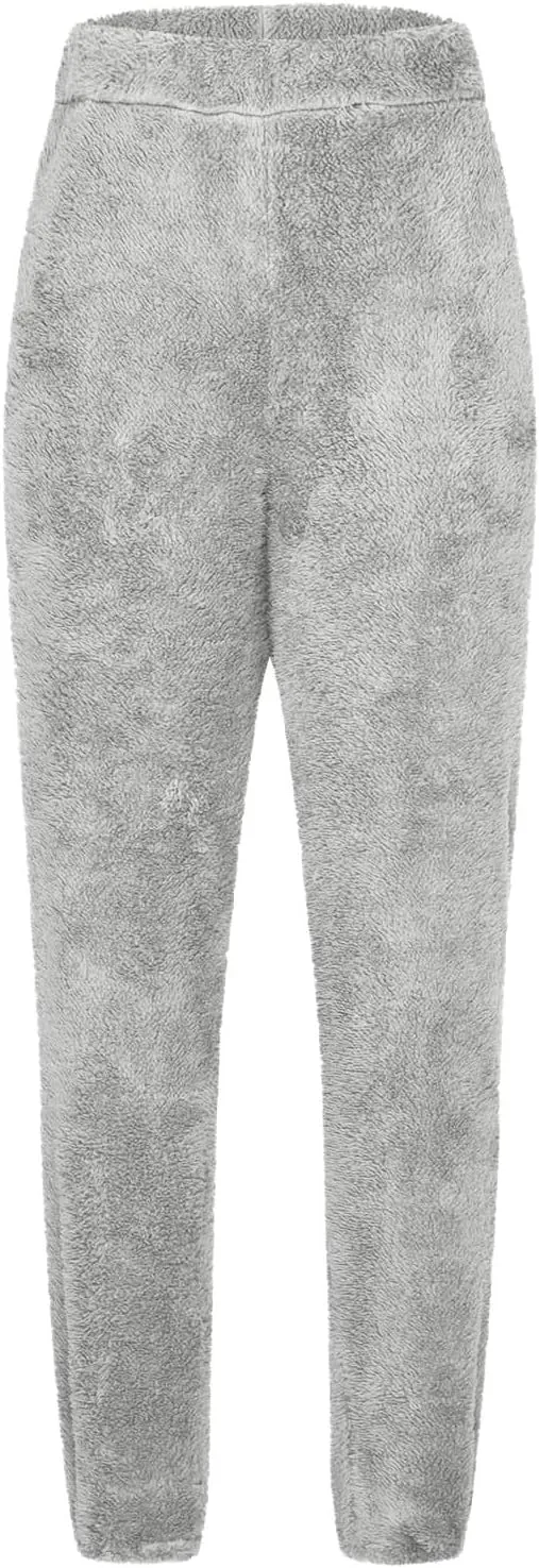 Women's Fuzzy Fleece Pants Comfy Warm Sherpa Winter Pajamas High Waisted Elastic Casual Loose Fit Pants