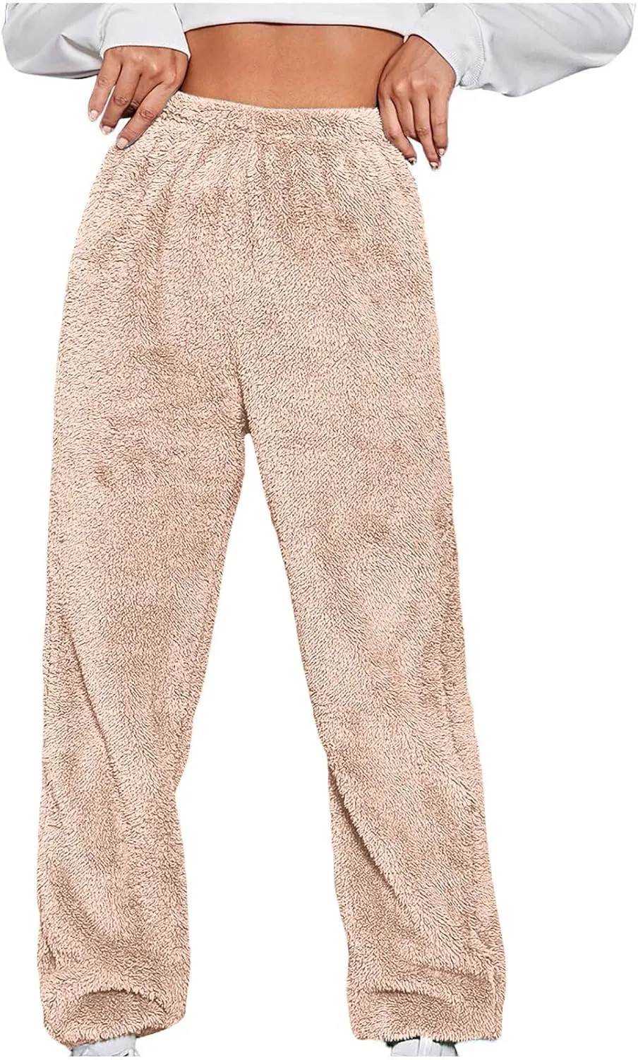 Women's Fuzzy Fleece Pants Comfy Warm Sherpa Winter Pajamas High Waisted Elastic Casual Loose Fit Pants