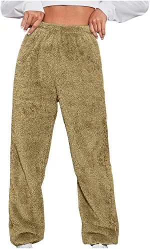 Women's Fuzzy Fleece Pants Comfy Warm Sherpa Winter Pajamas High Waisted Elastic Casual Loose Fit Pants