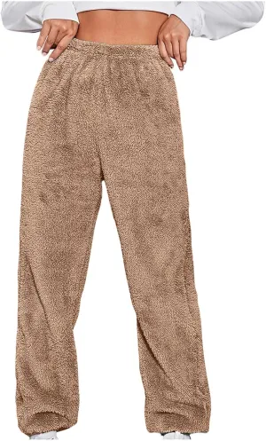 Women's Fuzzy Fleece Pants Comfy Warm Sherpa Winter Pajamas High Waisted Elastic Casual Loose Fit Pants