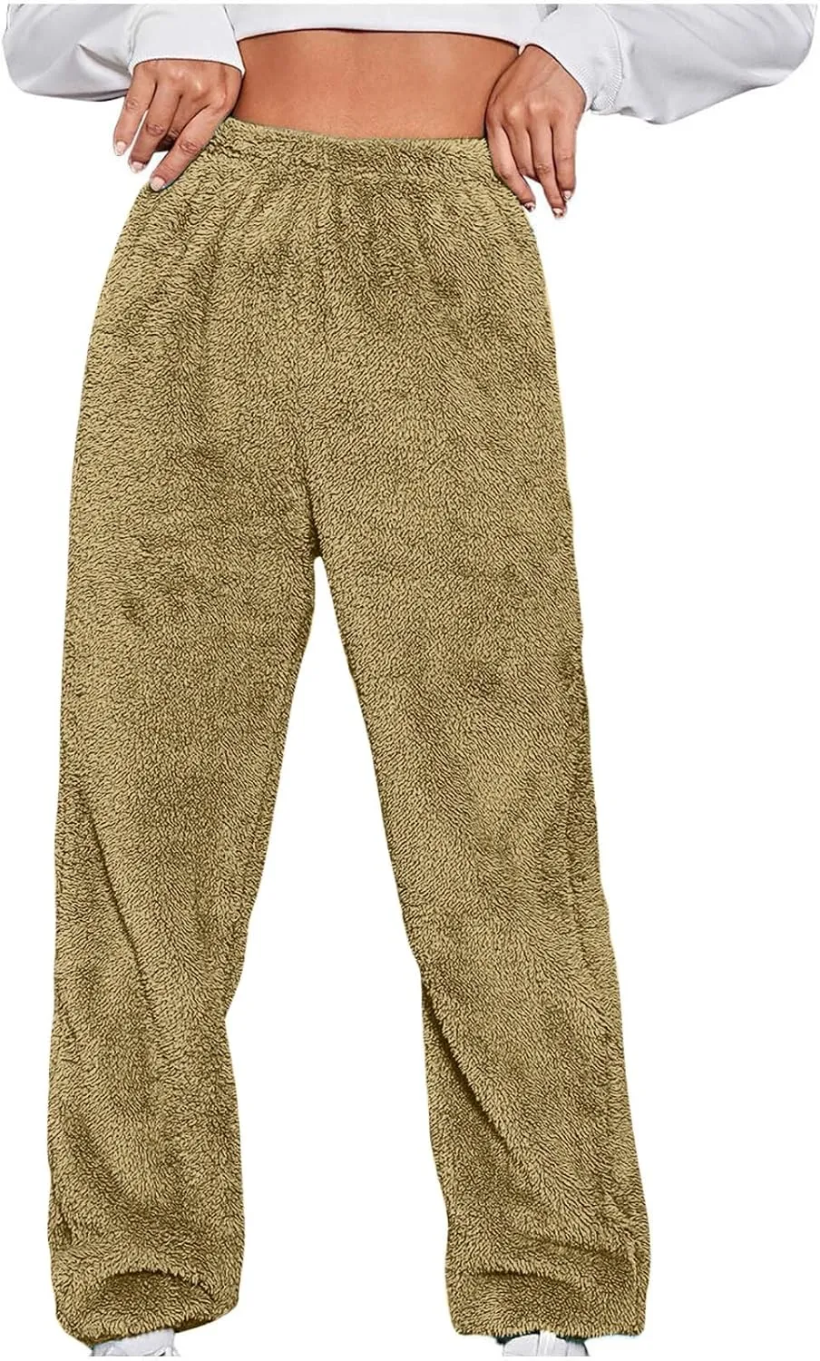 Women's Fuzzy Fleece Pants Comfy Warm Sherpa Winter Pajamas High Waisted Elastic Casual Loose Fit Pants