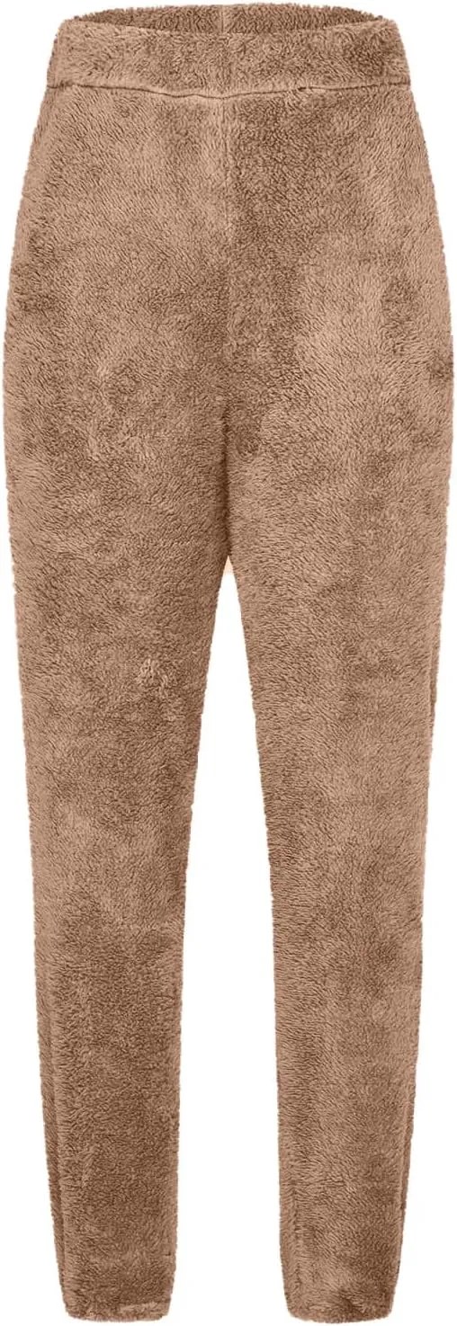 Women's Fuzzy Fleece Pants Comfy Warm Sherpa Winter Pajamas High Waisted Elastic Casual Loose Fit Pants