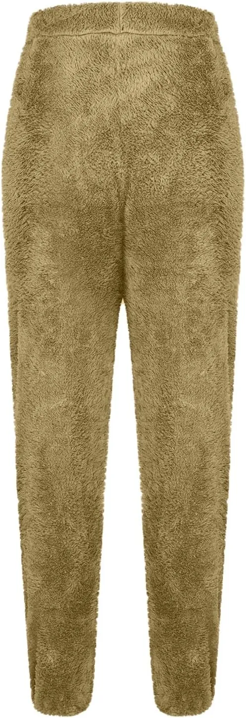 Women's Fuzzy Fleece Pants Comfy Warm Sherpa Winter Pajamas High Waisted Elastic Casual Loose Fit Pants